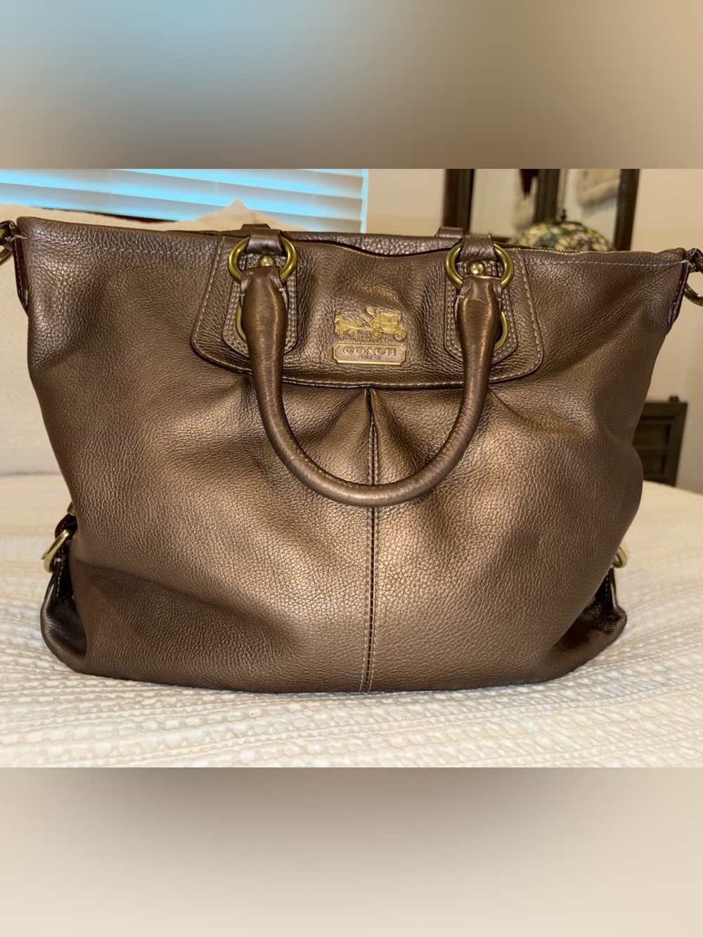 Coach Dark Brown Leather Tote with Brass Accents
